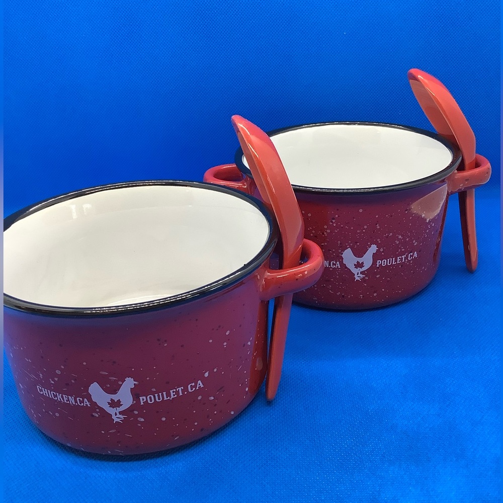 Campfire Style Red Speckled Double Handled Bowls w/Matching Spoons Set of 2